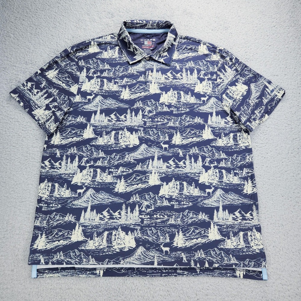 Chaps Everyday Performance Polo Shirt Mens 2XL Blue Scenic Print Golf Stretch